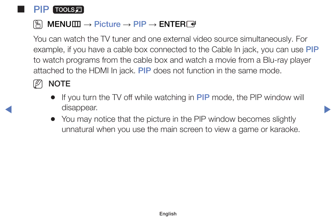 Samsung UE58H5200AWXZF, UE40H5000AWXXH, UE40H5070ASXZG, UE40H5003AWXZG manual PIP t, OO MENUm → Picture → PIP → Entere 