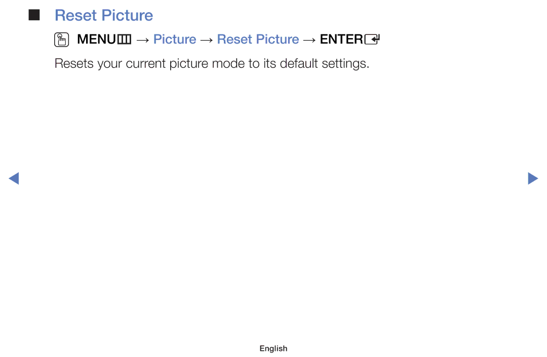 Samsung UE32H4000AWXZF, UE40H5000AWXXH, UE40H5070ASXZG, UE40H5003AWXZG manual OO MENUm → Picture → Reset Picture → Entere 