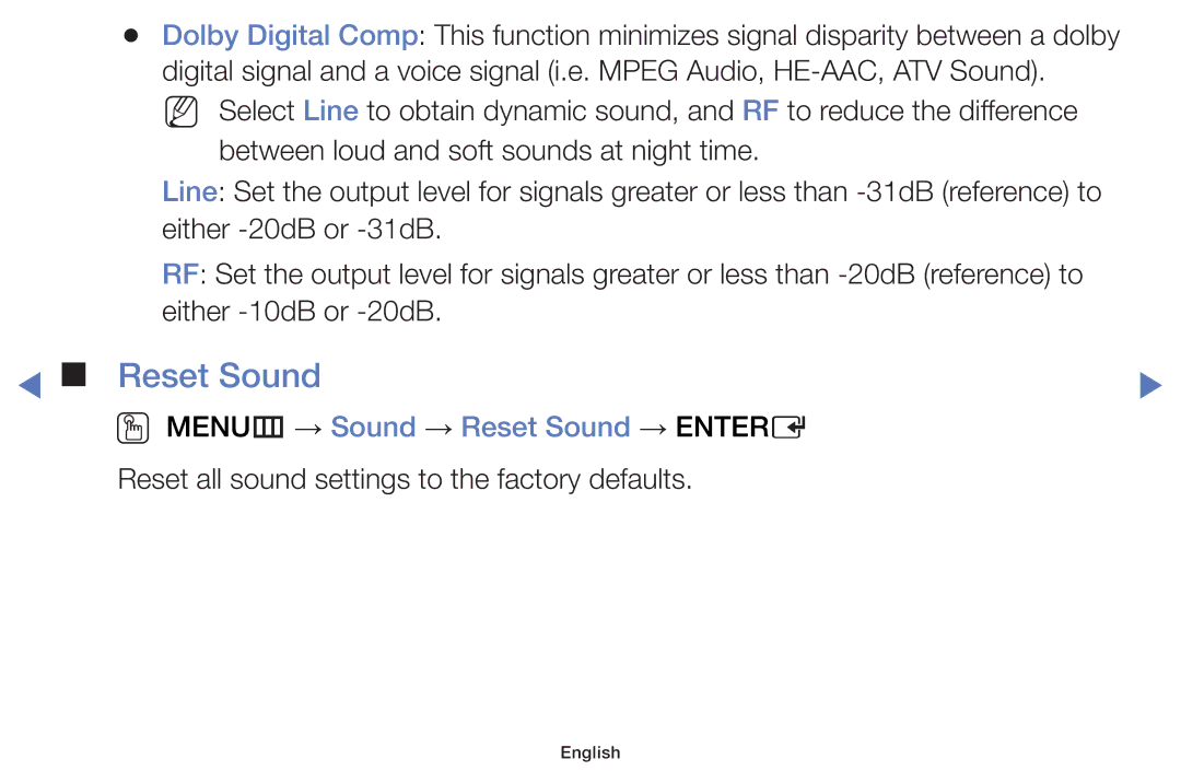 Samsung UE19H4000AWXXH, UE40H5000AWXXH, UE40H5070ASXZG, UE40H5003AWXZG manual OO MENUm → Sound → Reset Sound → Entere 