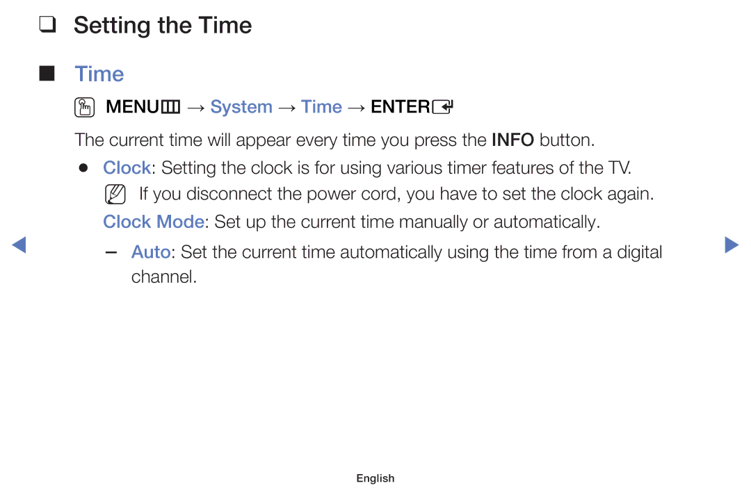 Samsung UE32H5030AWXXH, UE40H5000AWXXH, UE40H5070ASXZG, UE40H5003AWXZG, UE32J4100AWXXH, UE32H4000AWXZG manual Setting the Time 