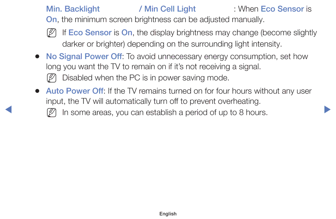 Samsung UE48H5030AWXXC, UE40H5000AWXXH, UE40H5070ASXZG, UE40H5003AWXZG manual Min. Backlight Min Cell Light When Eco Sensor is 