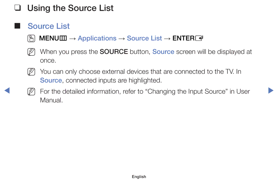 Samsung UE48H5003AWXXC, UE40H5000AWXXH manual Using the Source List, OO MENUm → Applications → Source List → Entere 