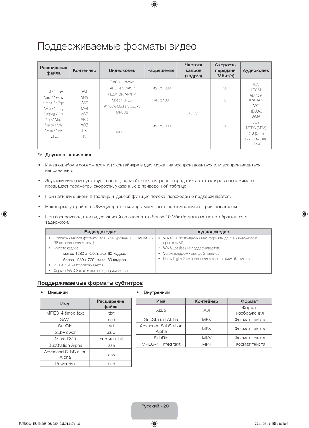 Samsung UE48H5003AKXRU, UE40H5003AKXUZ, UE40H5003AKXRU manual Поддерживаемые форматы видео, Поддерживаемые форматы субтитров 