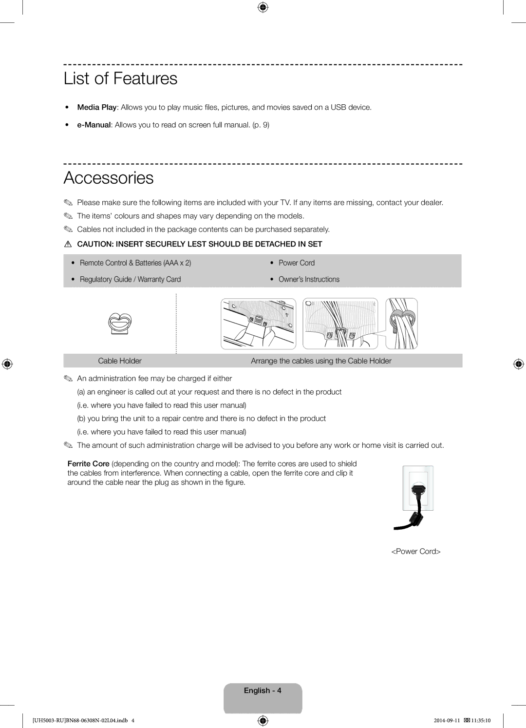 Samsung UE48H5003AKXMS List of Features, Accessories, Manual Allows you to read on screen full manual. p, Cable Holder 