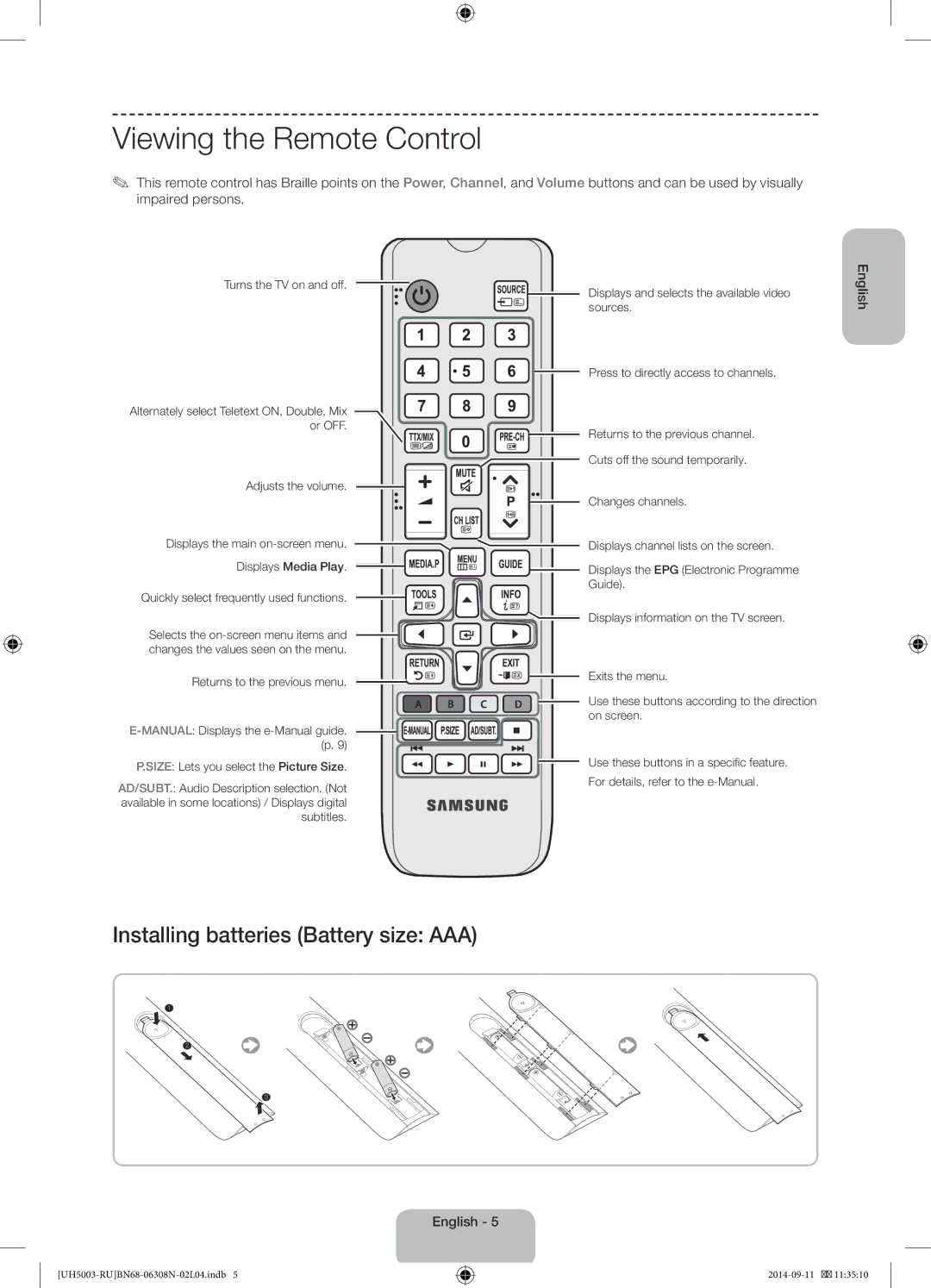 Samsung UE40H5003AKXMS, UE40H5003AKXUZ manual Viewing the Remote Control, Turns the TV on and off, Adjusts the volume 