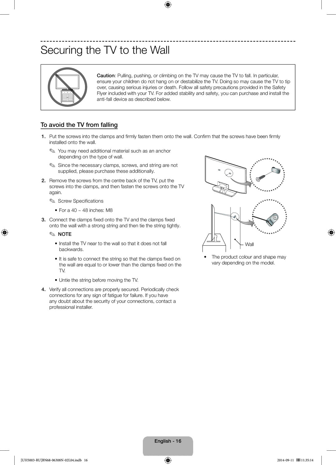 Samsung UE48H5003AKXMS, UE40H5003AKXUZ, UE40H5003AKXRU manual Securing the TV to the Wall, To avoid the TV from falling 