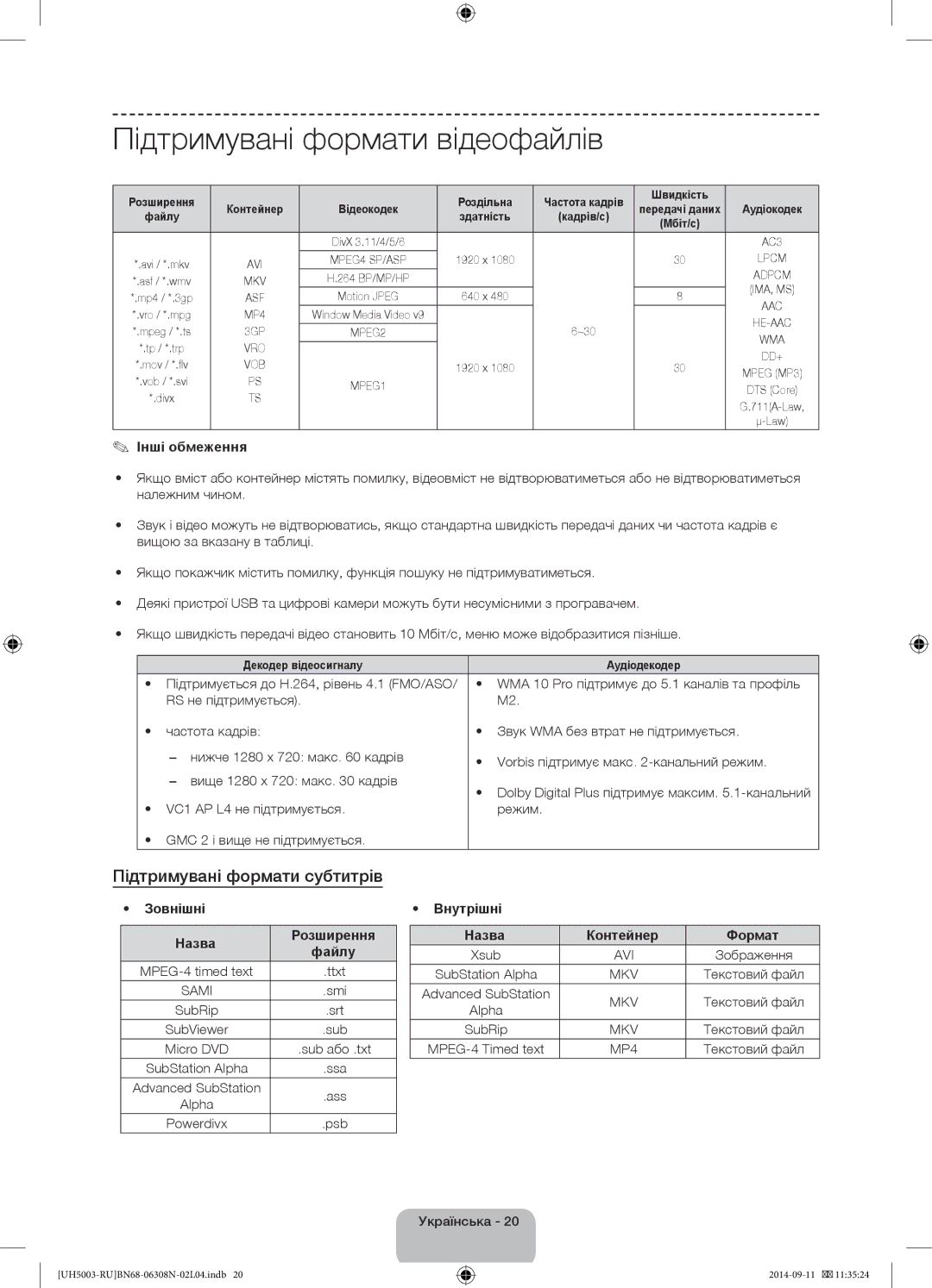 Samsung UE48H5003AKXRU, UE40H5003AKXUZ Підтримувані формати відеофайлів, Підтримувані формати субтитрів, Інші обмеження 