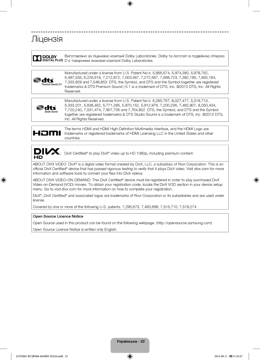 Samsung UE48H5003AKXMS, UE40H5003AKXUZ, UE40H5003AKXRU, UE48H5003AKXRU, UE48H5003AKXUZ, UE40H5003AKXMS manual Ліцензія 