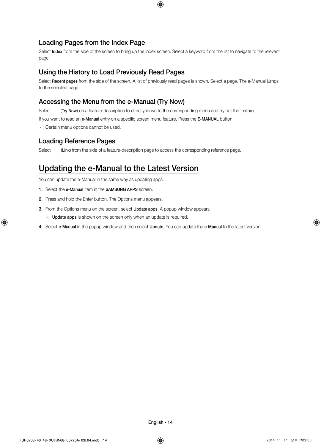 Samsung UE40H5203AWXXC Updating the e-Manual to the Latest Version, Loading Pages from the Index, Loading Reference Pages 