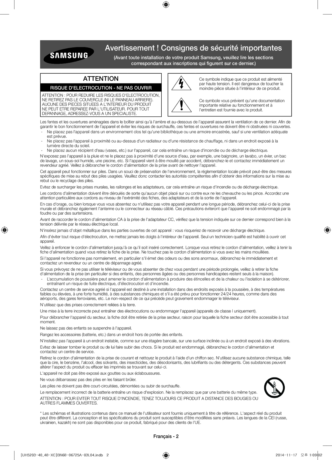 Samsung UE40H5203AWXXC, UE48H5203AWXXC manual Avertissement ! Consignes de sécurité importantes, Français 