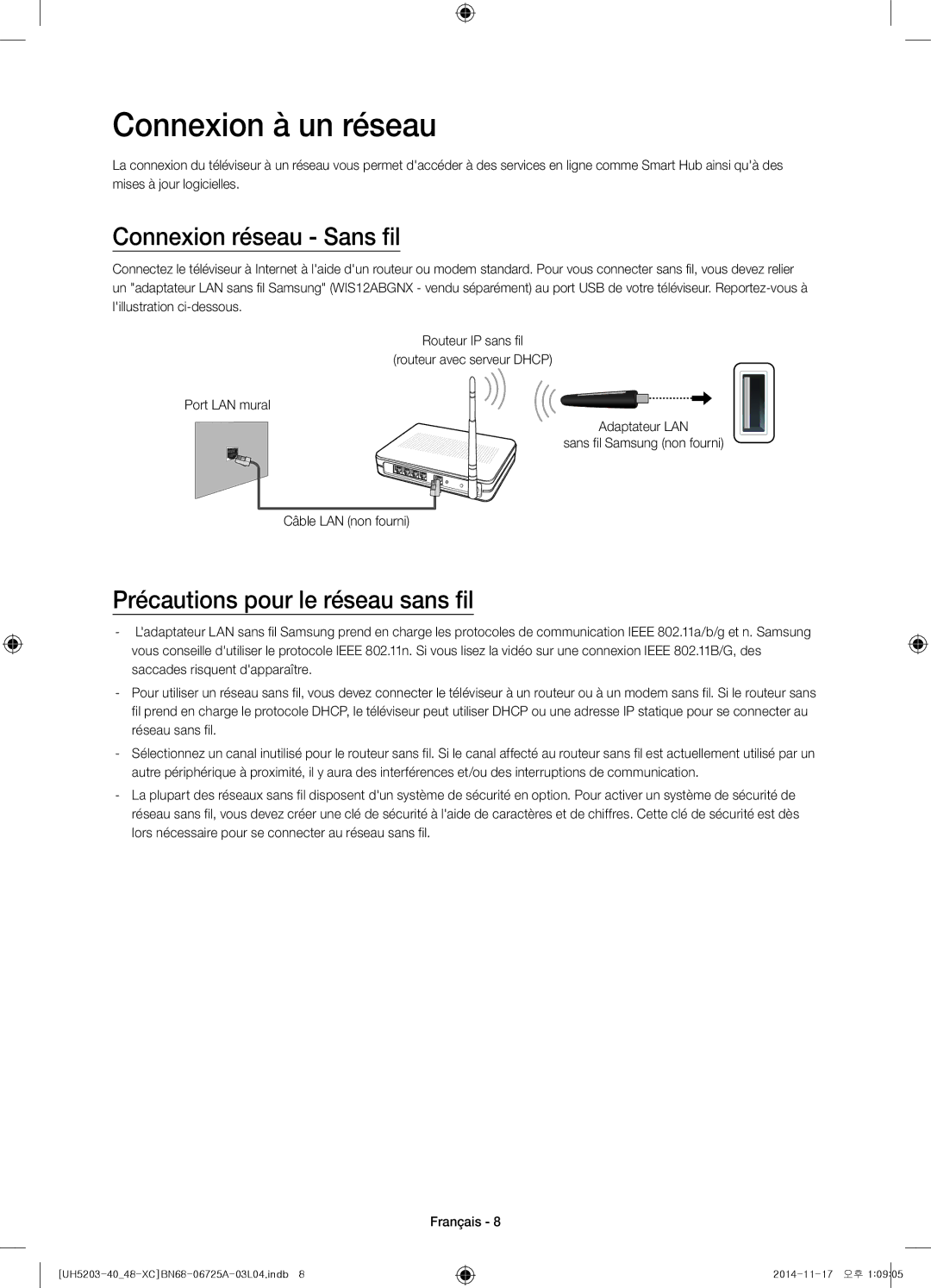 Samsung UE40H5203AWXXC manual Connexion à un réseau, Connexion réseau Sans fil, Précautions pour le réseau sans fil 