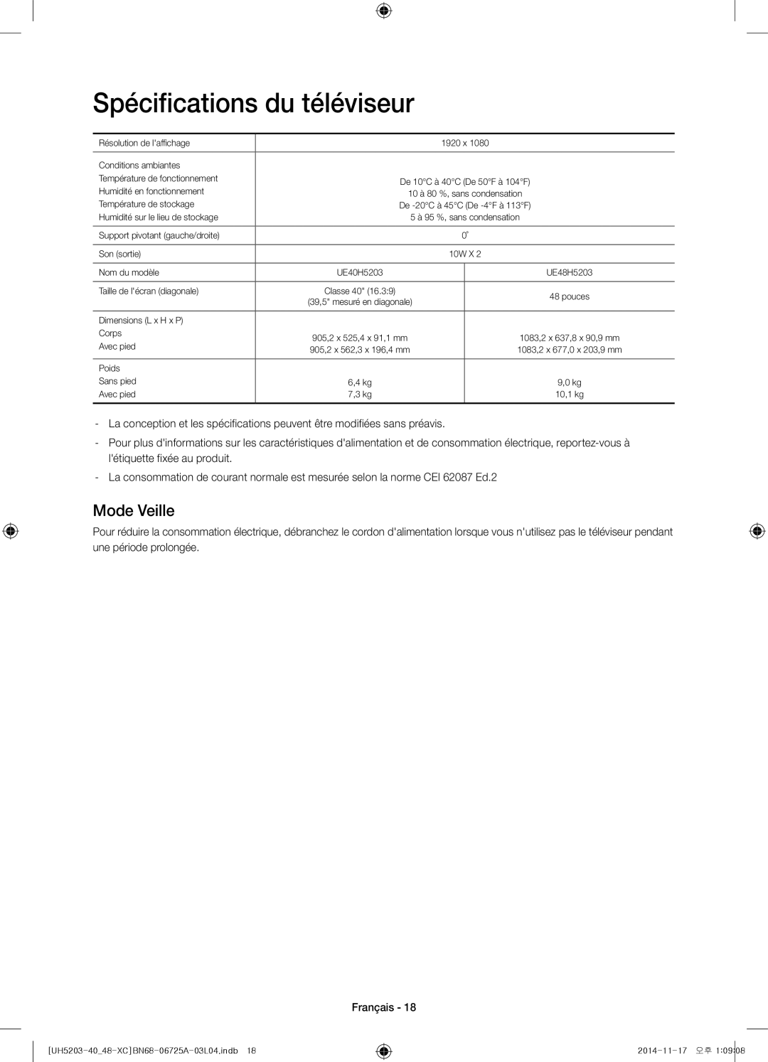 Samsung UE40H5203AWXXC, UE48H5203AWXXC manual Spécifications du téléviseur, Mode Veille 