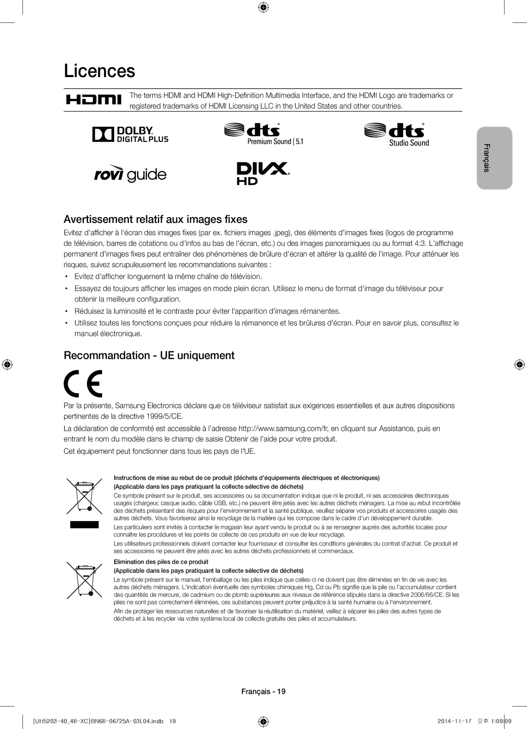 Samsung UE48H5203AWXXC, UE40H5203AWXXC manual Avertissement relatif aux images fixes, Recommandation UE uniquement 