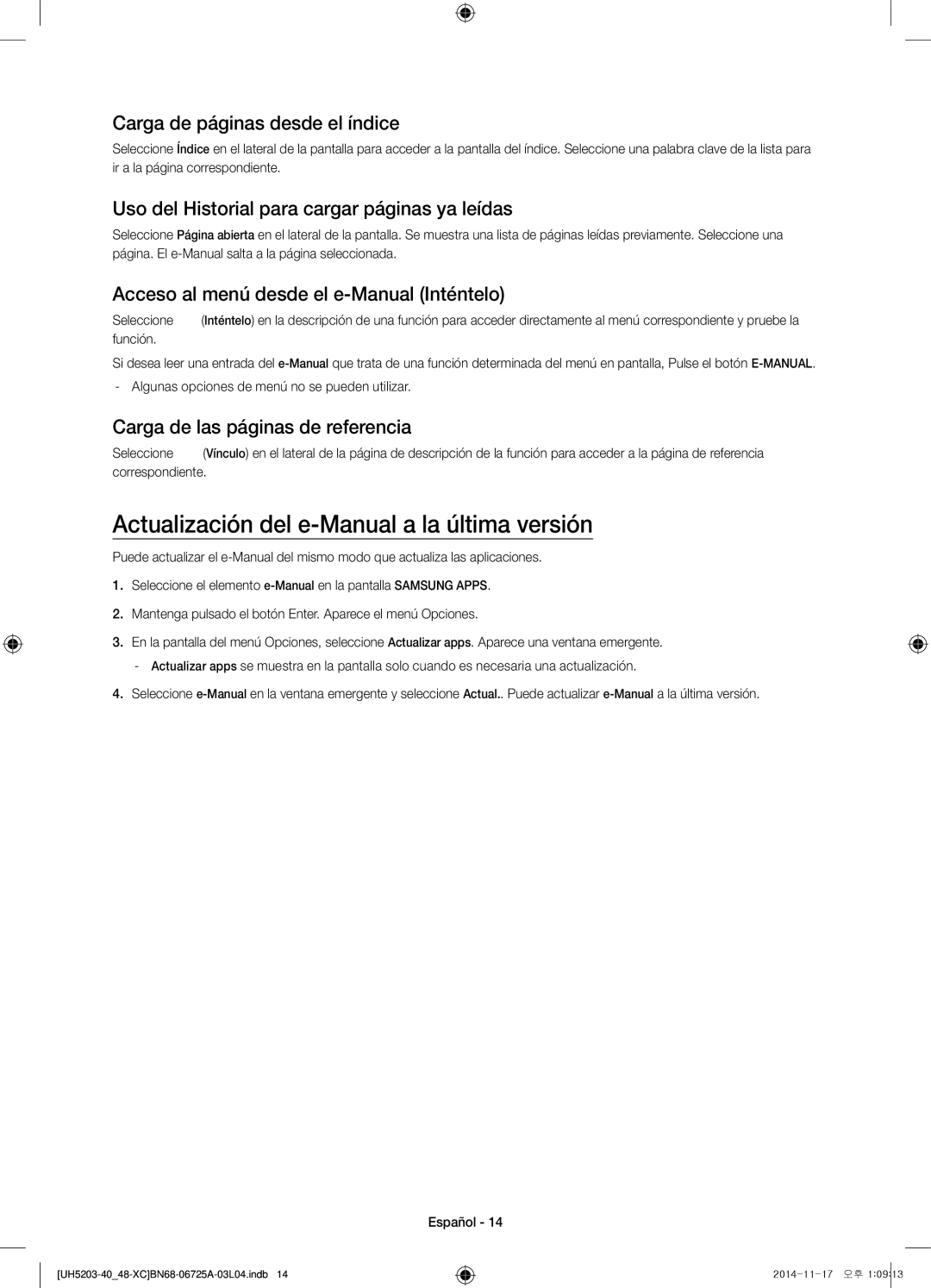 Samsung UE40H5203AWXXC, UE48H5203AWXXC Actualización del e-Manual a la última versión, Carga de páginas desde el índice 