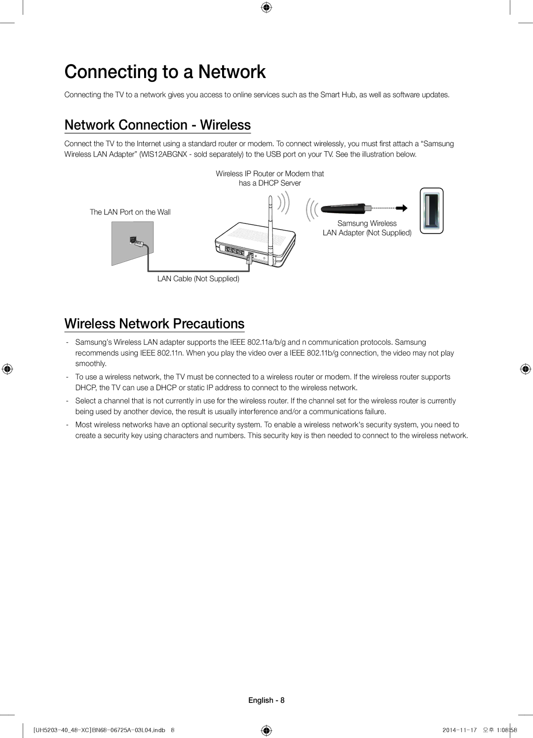 Samsung UE40H5203AWXXC, UE48H5203AWXXC Connecting to a Network, Network Connection Wireless, Wireless Network Precautions 