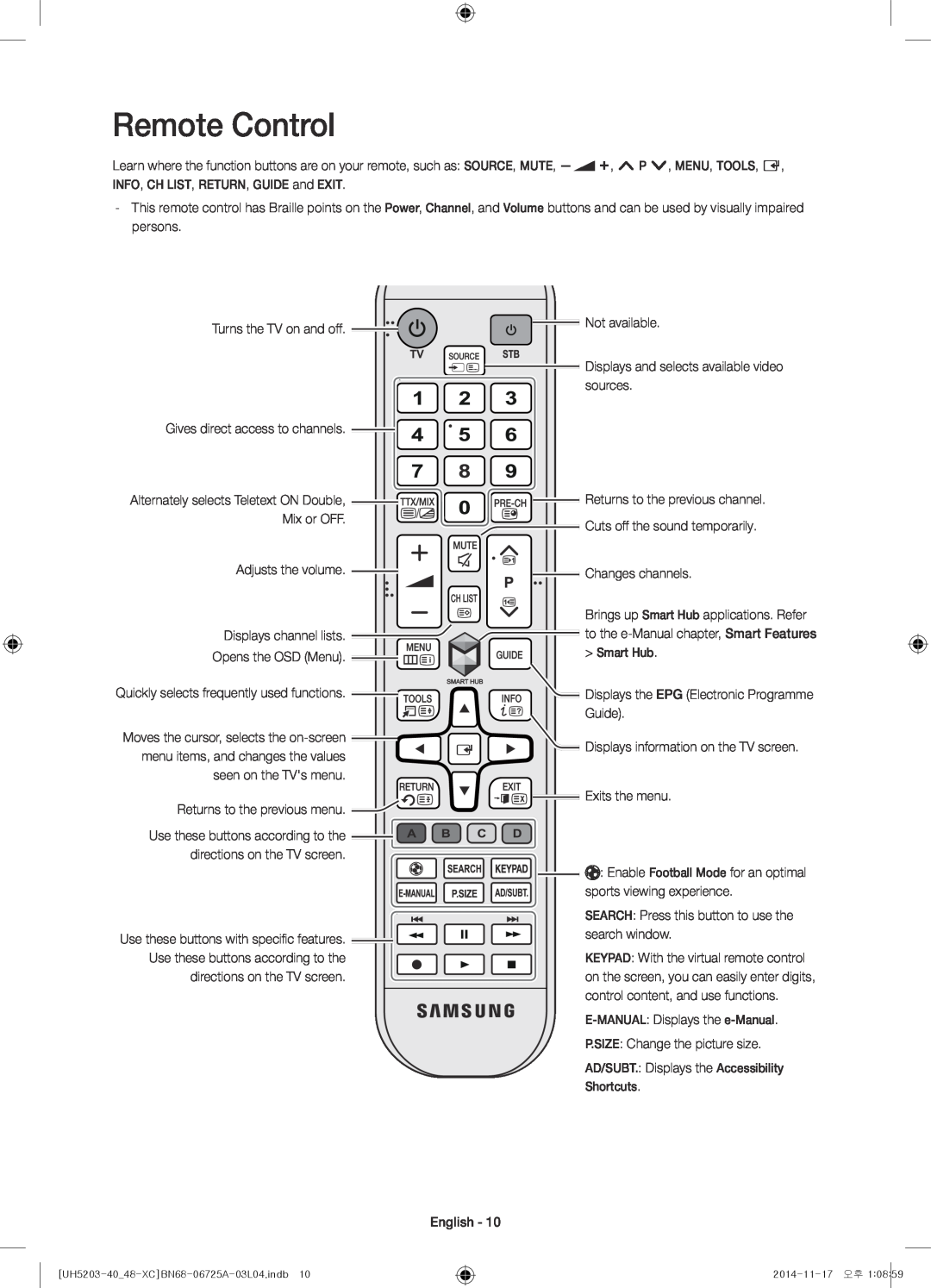 Samsung UE40H5203AWXXC Remote Control, Smart Hub, Displays information on the TV screen, E-MANUAL Displays the e-Manual 