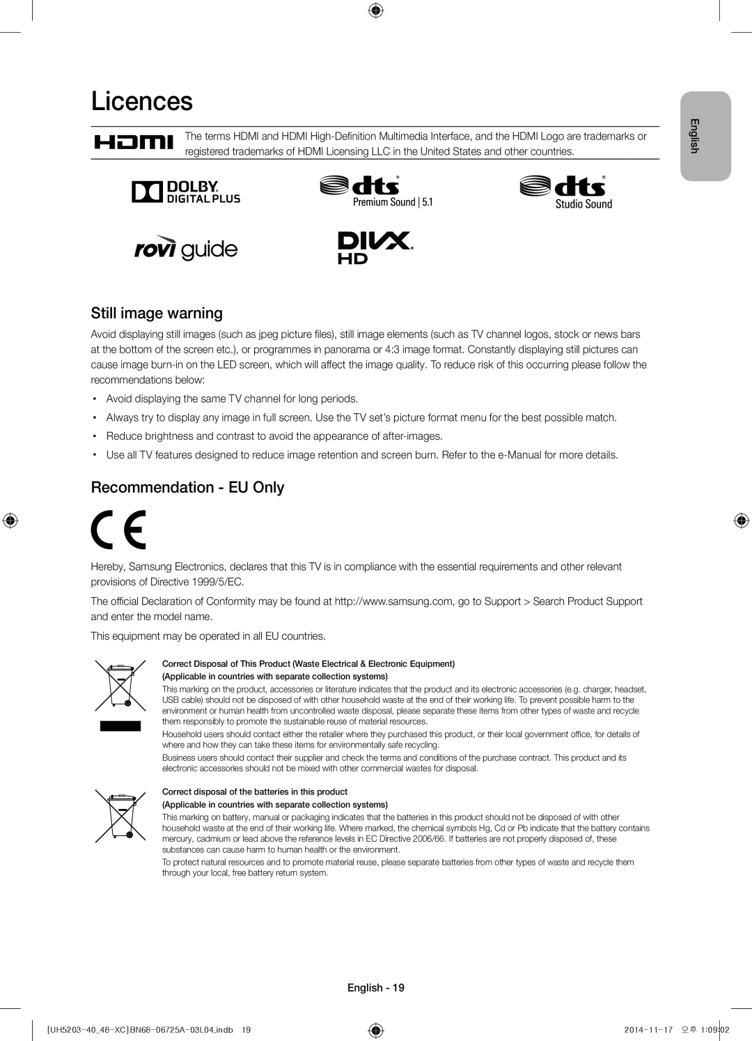 Samsung UE48H5203AWXXC, UE40H5203AWXXC manual Licences, Still image warning, Recommendation - EU Only, English 