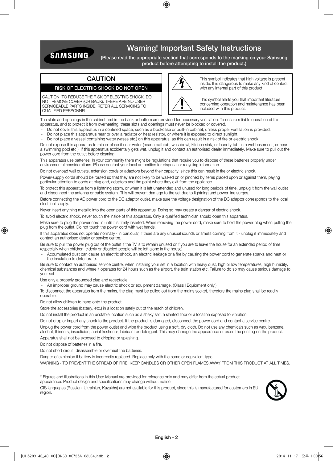 Samsung UE40H5203AWXXC manual Warning! Important Safety Instructions, product before attempting to install the product 