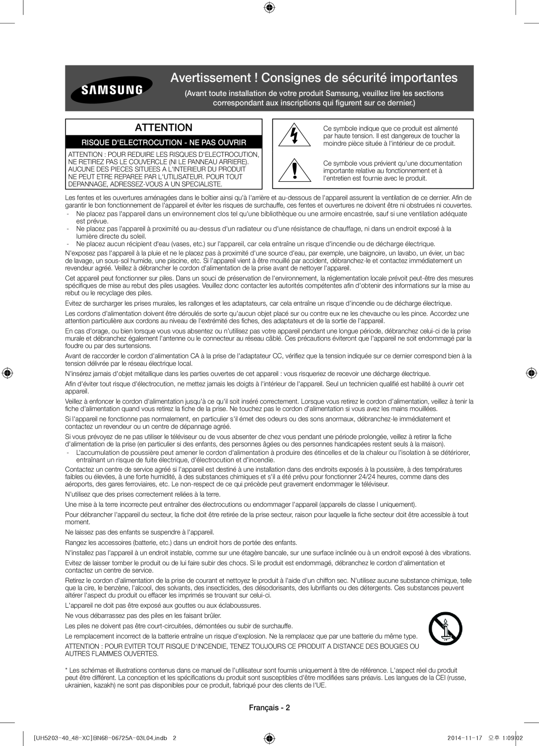 Samsung UE40H5203AWXXC manual Avertissement ! Consignes de sécurité importantes, Risque Delectrocution - Ne Pas Ouvrir 