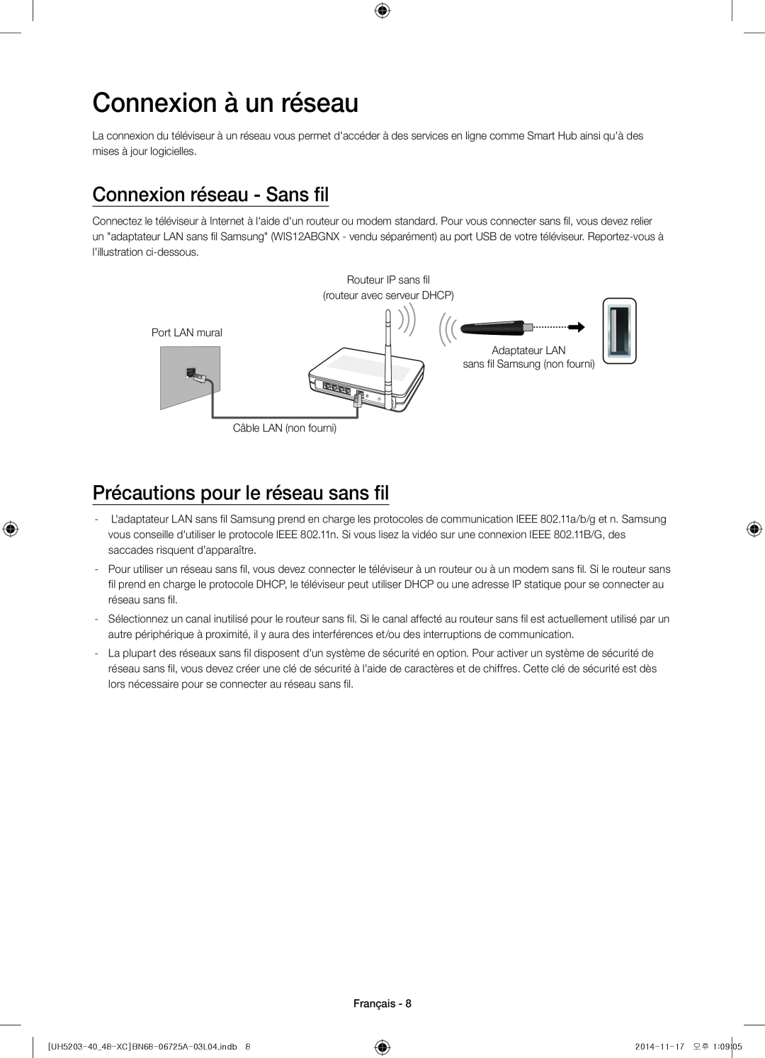 Samsung UE40H5203AWXXC manual Connexion à un réseau, Connexion réseau - Sans fil, Précautions pour le réseau sans fil 