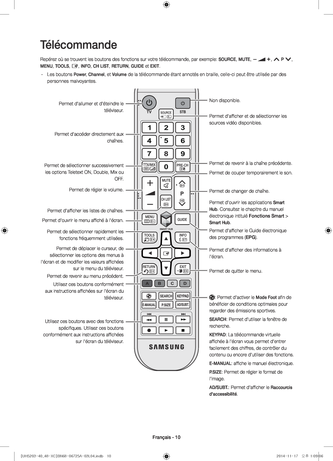 Samsung UE40H5203AWXXC, UE48H5203AWXXC manual Télécommande 