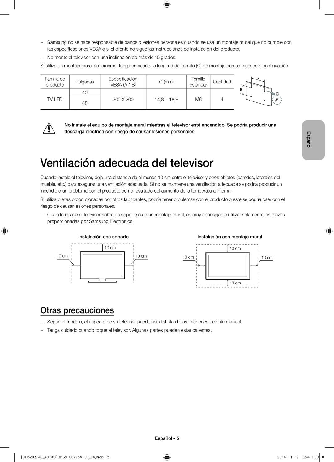 Samsung UE48H5203AWXXC, UE40H5203AWXXC manual Ventilación adecuada del televisor, Otras precauciones 