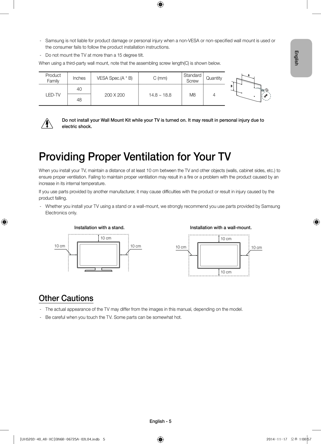 Samsung UE48H5203AWXXC, UE40H5203AWXXC manual Providing Proper Ventilation for Your TV, Other Cautions 