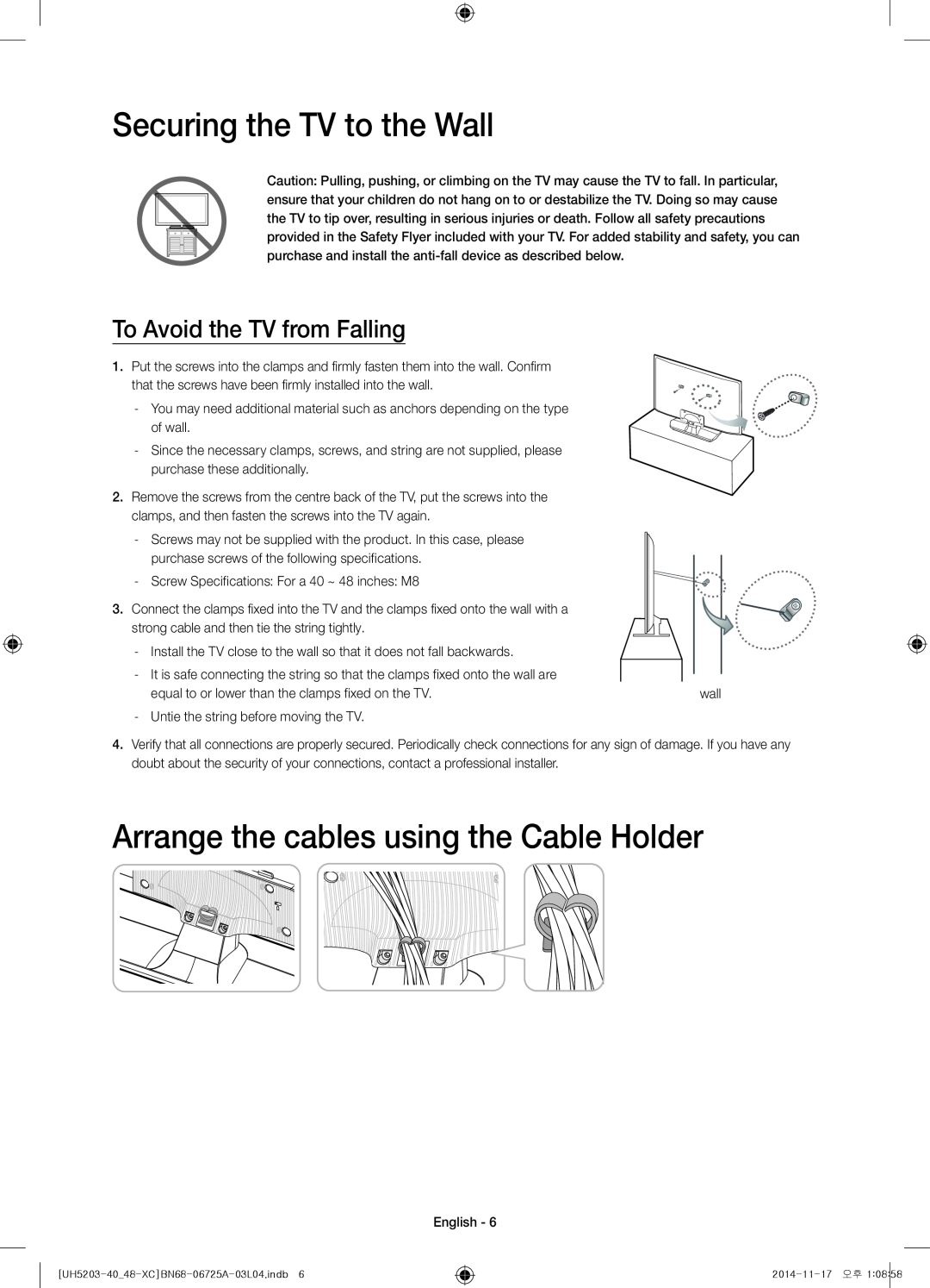 Samsung UE40H5203AWXXC, UE48H5203AWXXC manual Securing the TV to the Wall, Arrange the cables using the Cable Holder 