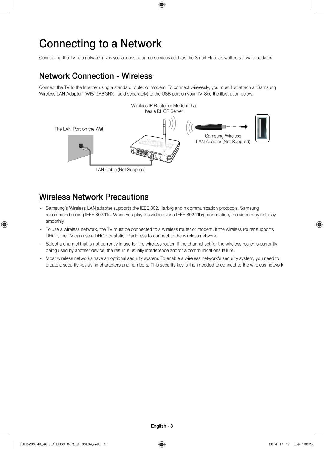Samsung UE40H5203AWXXC manual Connecting to a Network, Network Connection - Wireless, Wireless Network Precautions 