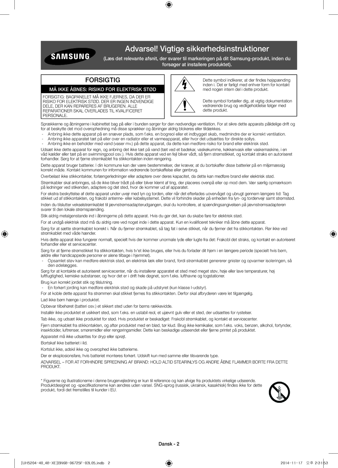 Samsung UE40H5204AKXXE, UE48H5204AKXXE manual Forsigtig, Dansk 