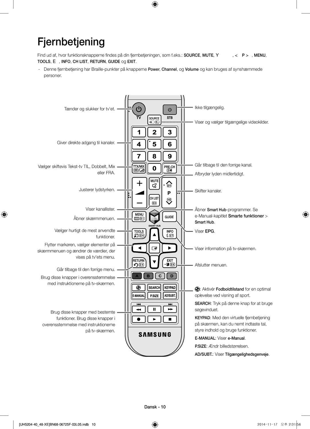 Samsung UE40H5204AKXXE, UE48H5204AKXXE manual Fjernbetjening 