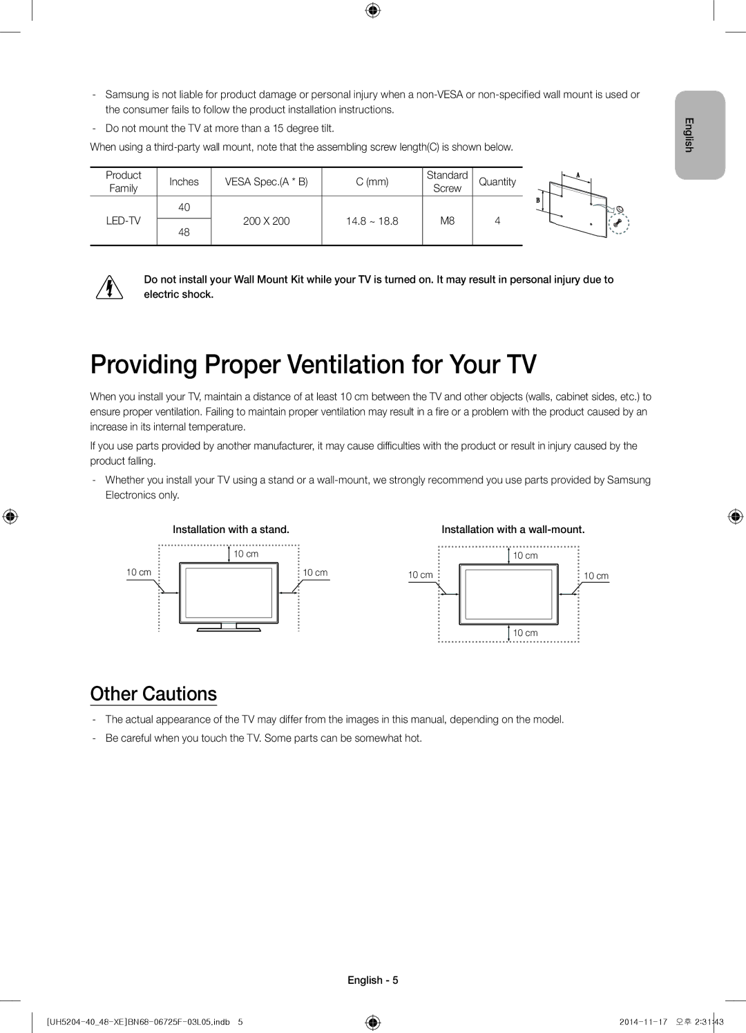 Samsung UE48H5204AKXXE, UE40H5204AKXXE manual Providing Proper Ventilation for Your TV, Other Cautions 