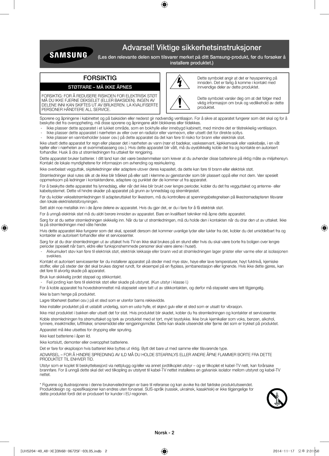 Samsung UE40H5204AKXXE, UE48H5204AKXXE manual Forsiktig, Norsk 