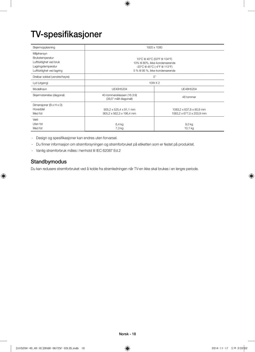 Samsung UE40H5204AKXXE, UE48H5204AKXXE manual TV-spesifikasjoner, Standbymodus 