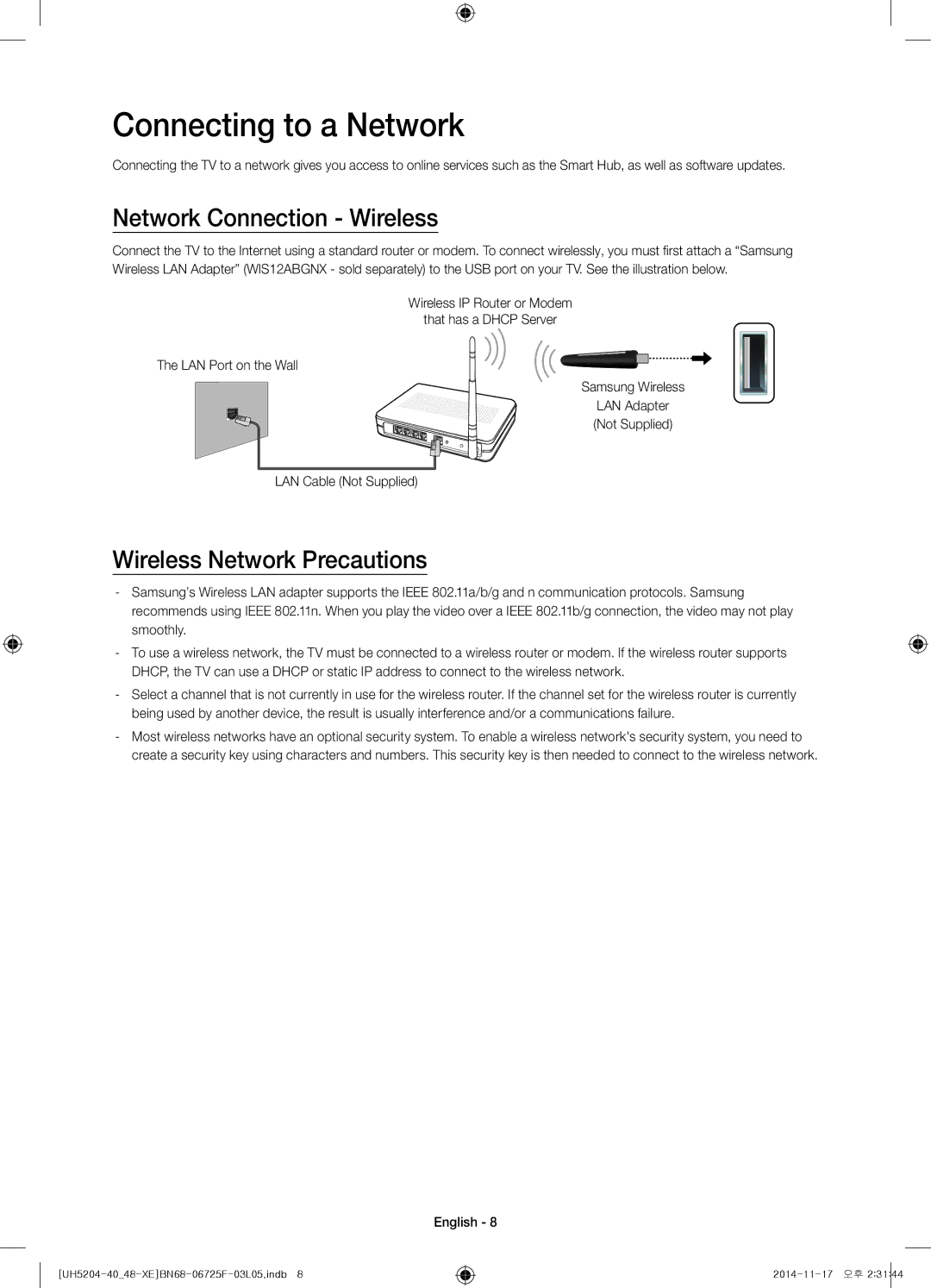 Samsung UE40H5204AKXXE, UE48H5204AKXXE Connecting to a Network, Network Connection Wireless, Wireless Network Precautions 