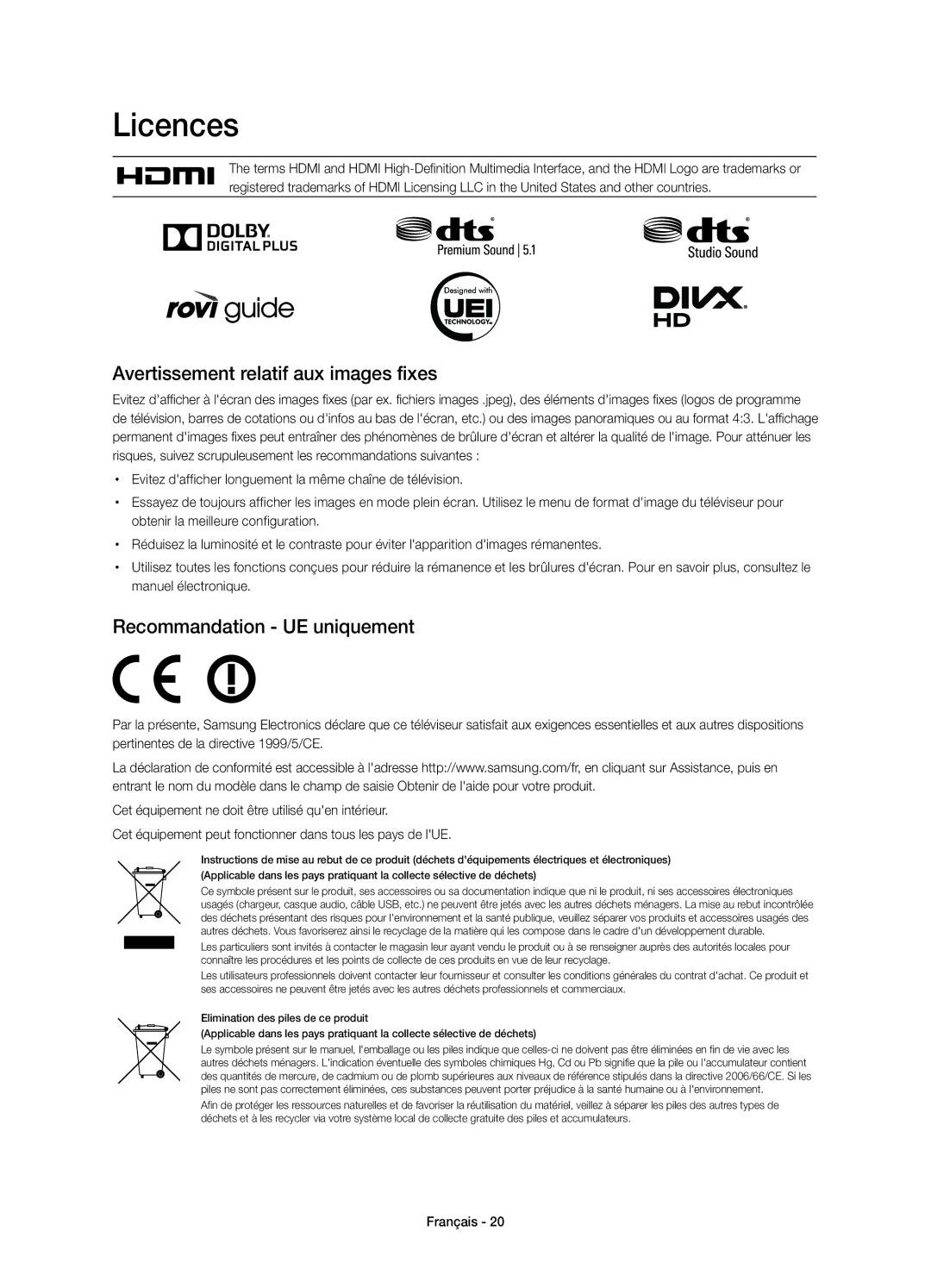 Samsung UE48H5500AWXZF, UE40H5500AWXZF, UE48H5510SSXZF Avertissement relatif aux images fixes, Recommandation UE uniquement 