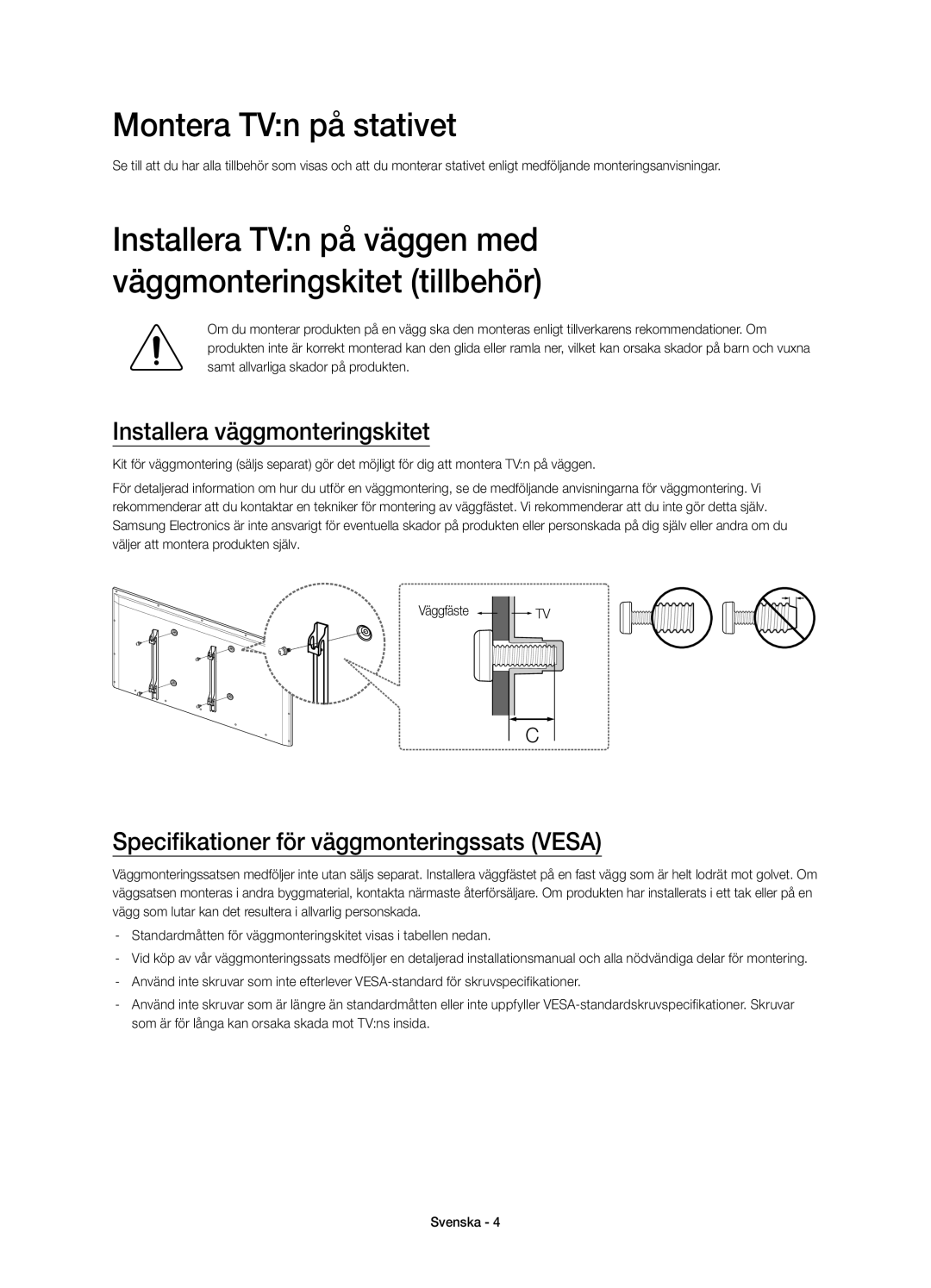 Samsung UE40H5505AKXXE, UE48H5505AKXXE, UE50H5505AKXXE manual Montera TVn på stativet, Installera väggmonteringskitet 