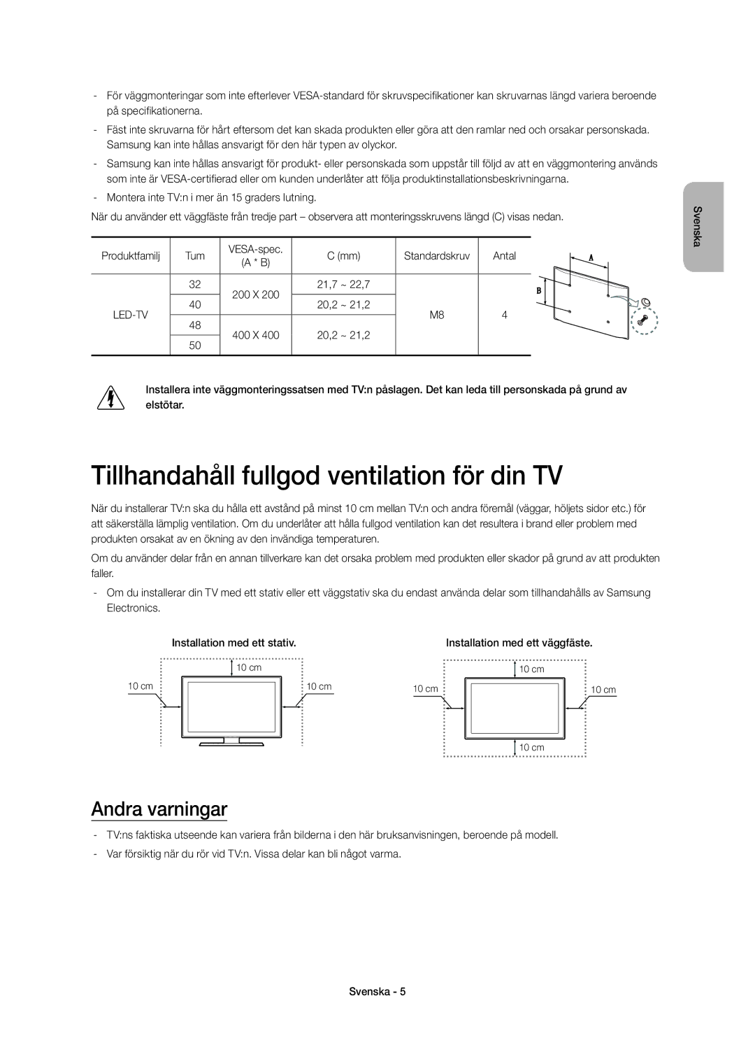 Samsung UE48H5505AKXXE, UE40H5505AKXXE, UE50H5505AKXXE manual Tillhandahåll fullgod ventilation för din TV, Andra varningar 