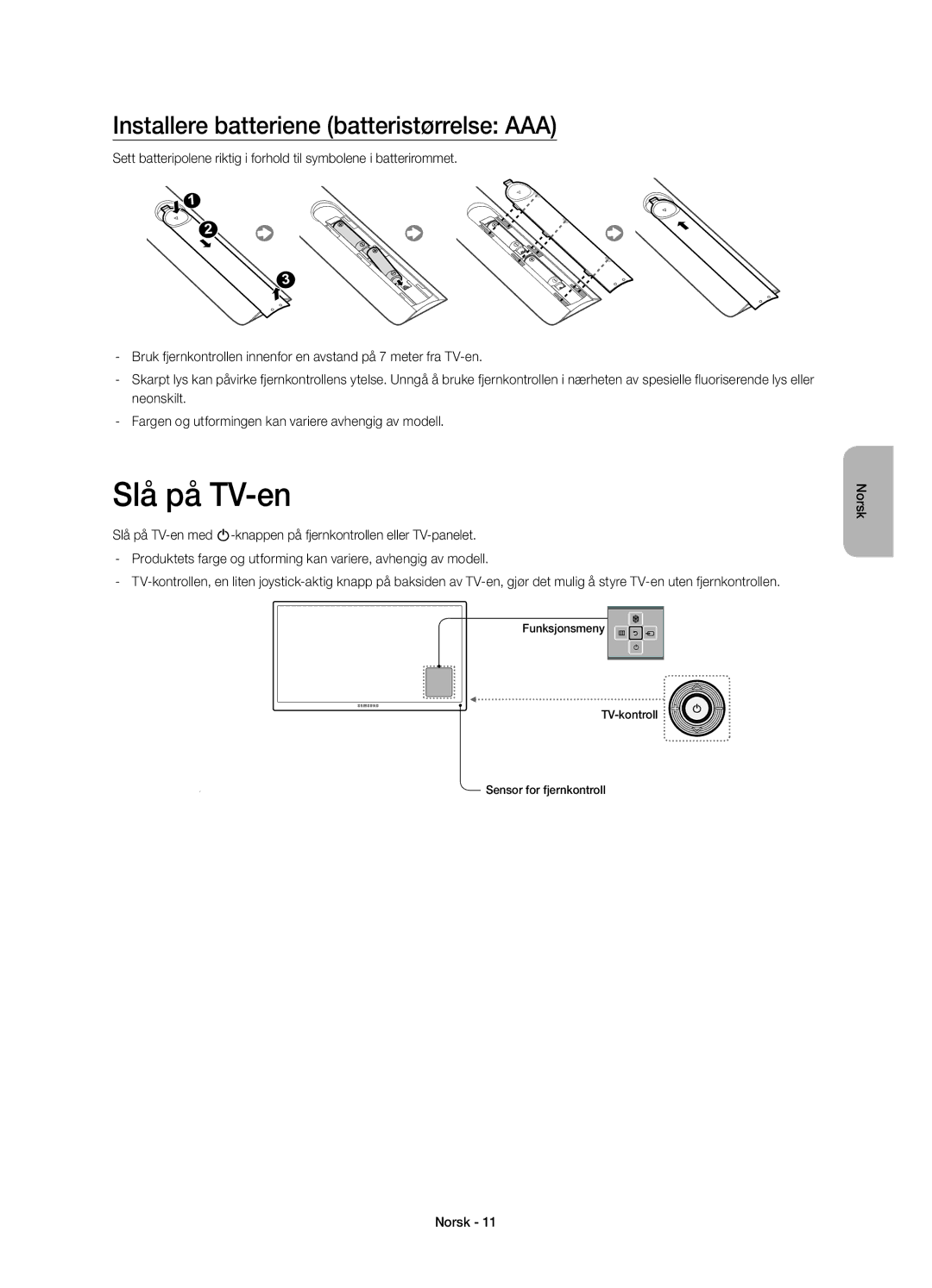 Samsung UE48H5515AKXXE, UE40H5505AKXXE, UE48H5505AKXXE manual Slå på TV-en, Installere batteriene batteristørrelse AAA 