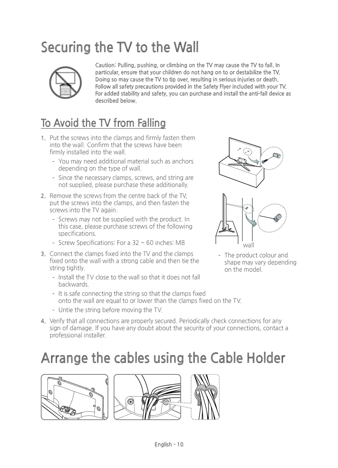 Samsung UE32H6200AKXXU, UE40H6200AKXXH manual Securing the TV to the Wall, Arrange the cables using the Cable Holder 