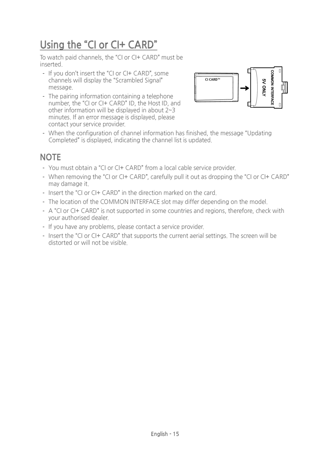 Samsung UE48H6240AKXXU, UE40H6200AKXXH, UE32H6200AKXXH, UE55H6200AKXXH, UE48H6200AKXXH manual Using the CI or CI+ Card 