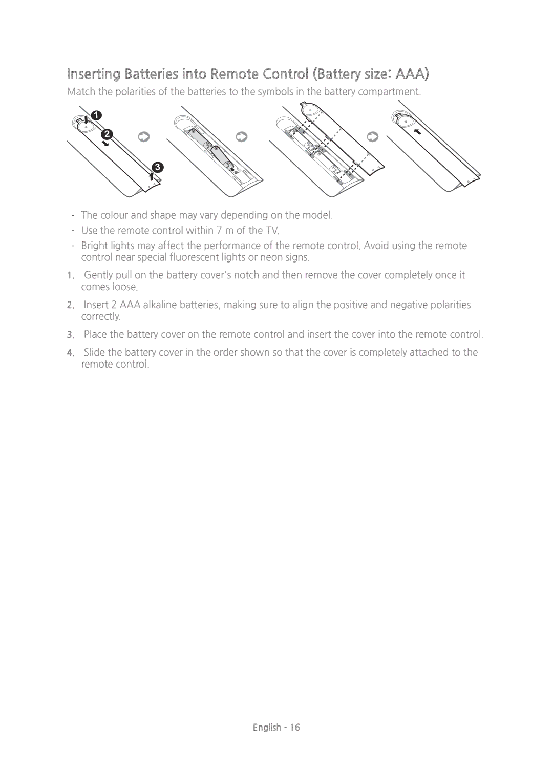 Samsung UE40H6200AKXXH, UE32H6200AKXXH, UE55H6200AKXXH manual Inserting Batteries into Remote Control Battery size AAA 