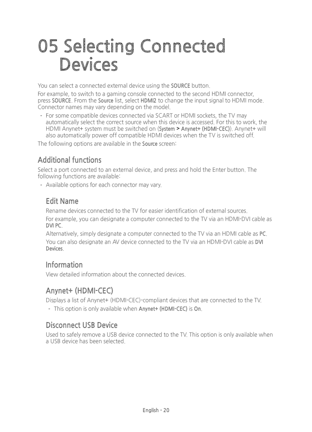 Samsung UE50H6200AKXXH, UE40H6200AKXXH, UE32H6200AKXXH, UE55H6200AKXXH Selecting Connected Devices, Additional functions 