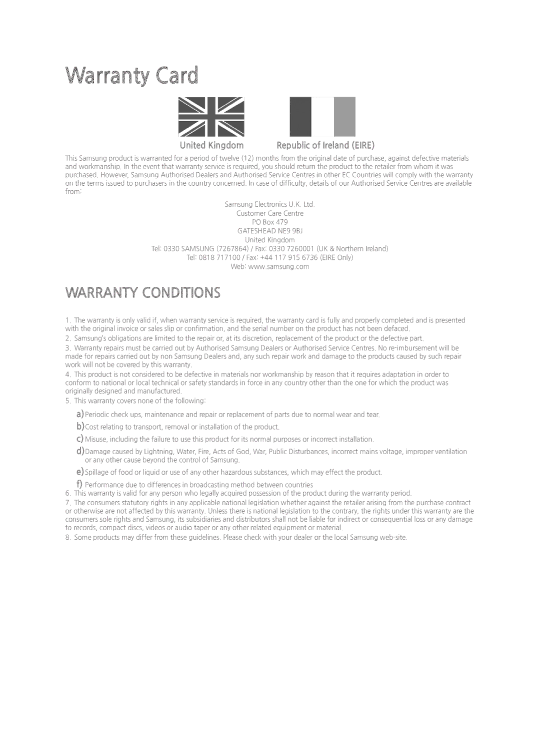 Samsung UE48H6240AKXXU, UE40H6200AKXXH, UE32H6200AKXXH, UE55H6200AKXXH, UE48H6200AKXXH manual Warranty Card, United Kingdom 