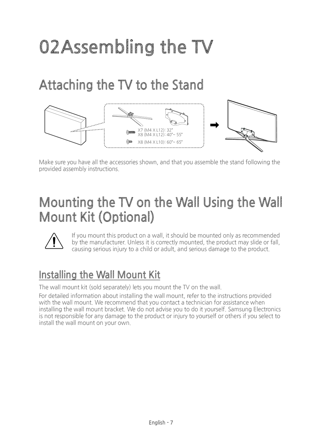 Samsung UE60H6240AKXXU, UE40H6200AKXXH 02Assembling the TV, Attaching the TV to the Stand, Installing the Wall Mount Kit 