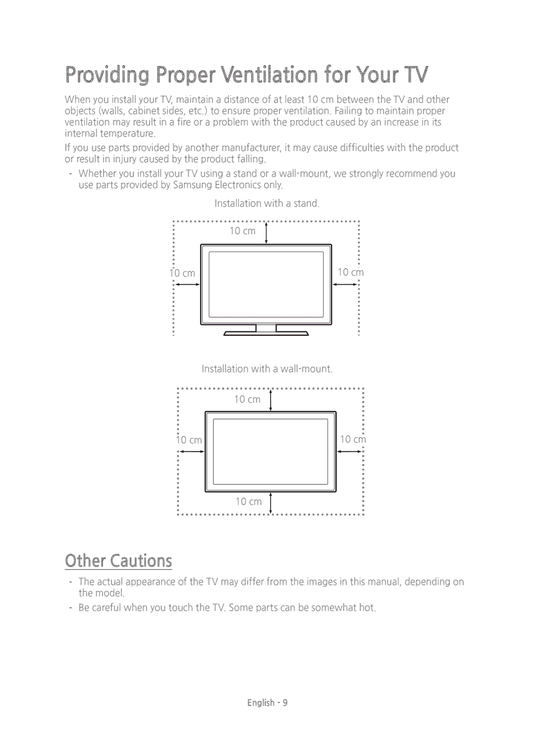 Samsung UE40H6240AKXXU, UE40H6200AKXXH, UE32H6200AKXXH manual Providing Proper Ventilation for Your TV, Other Cautions 