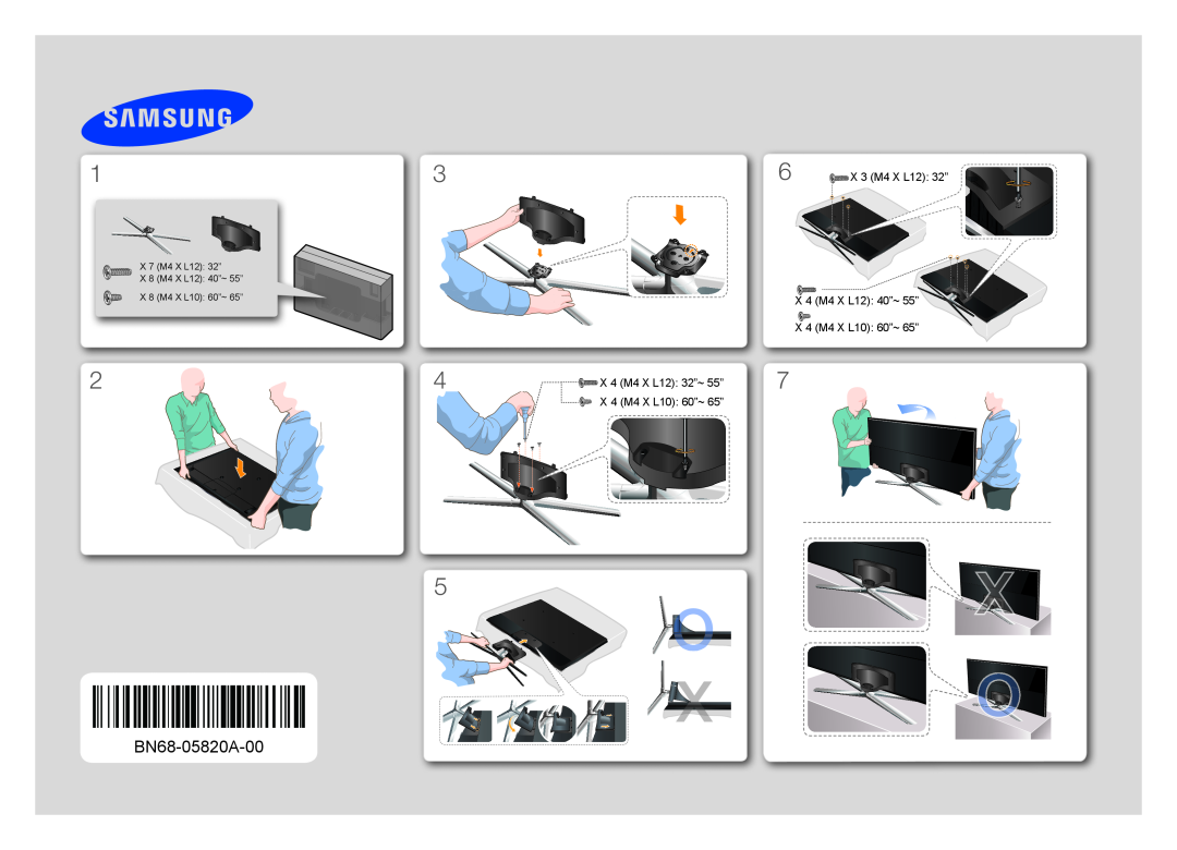 Samsung UE32H6200AKXXH manual BN68-05820A-00, X 4 M4 X L12 40”~ 55” X 4 M4 X L10 60”~ 65”, X 4 M4 X L12 32”~ 55” 
