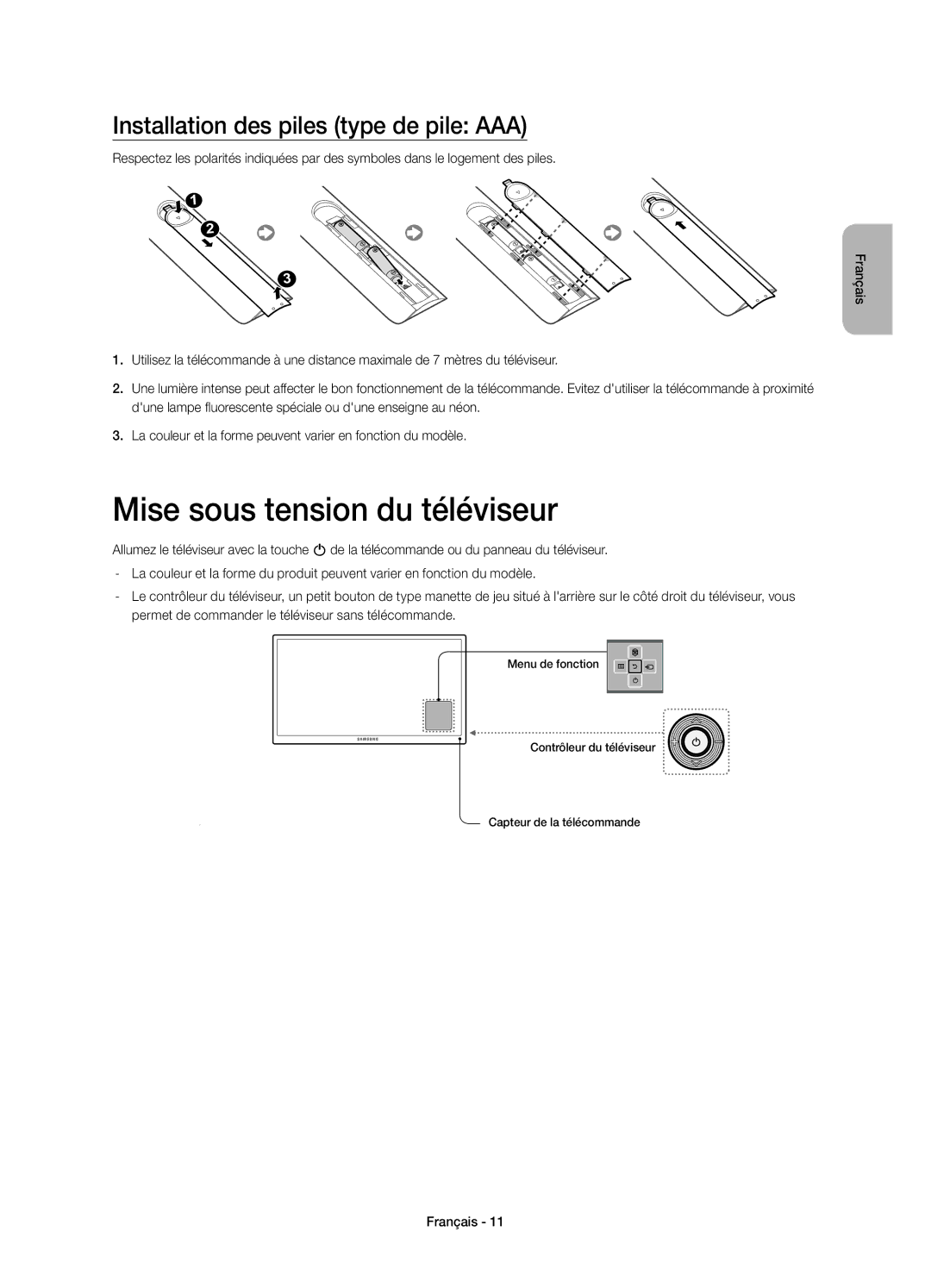 Samsung UE48H6240AWXZF, UE40H6200AWXZF manual Mise sous tension du téléviseur, Installation des piles type de pile AAA 