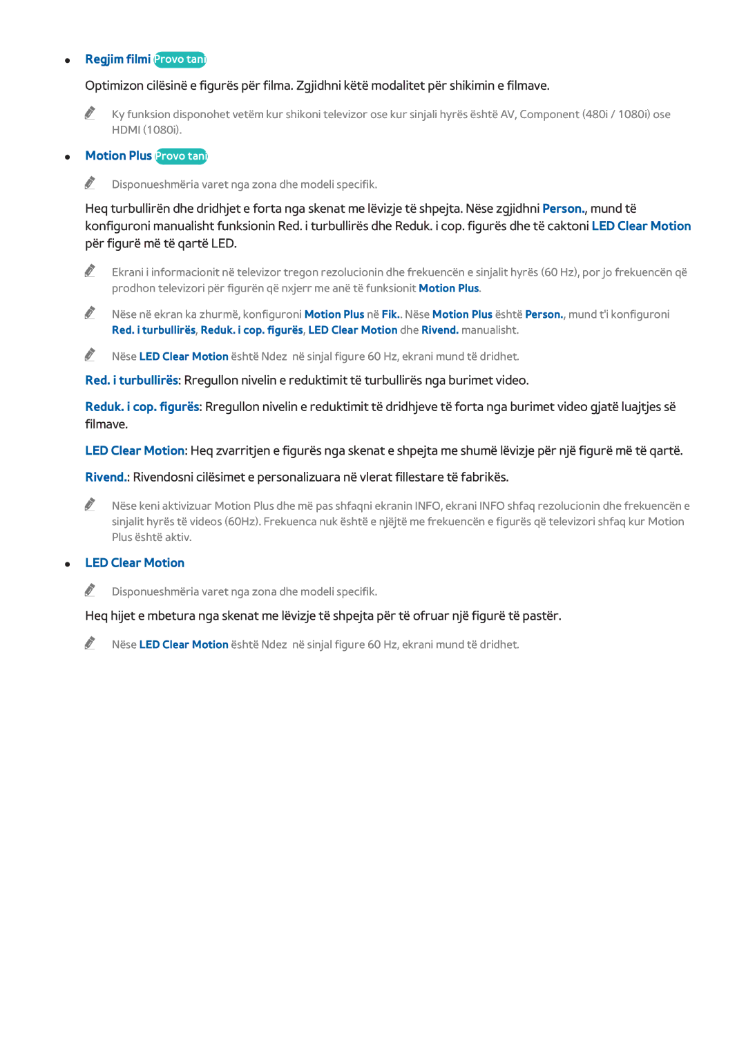 Samsung UE32H5303AWXXH, UE40H6203AWXXH, UE40H5303AWXXH Regjim filmi Provo tani, Motion Plus Provo tani, LED Clear Motion 