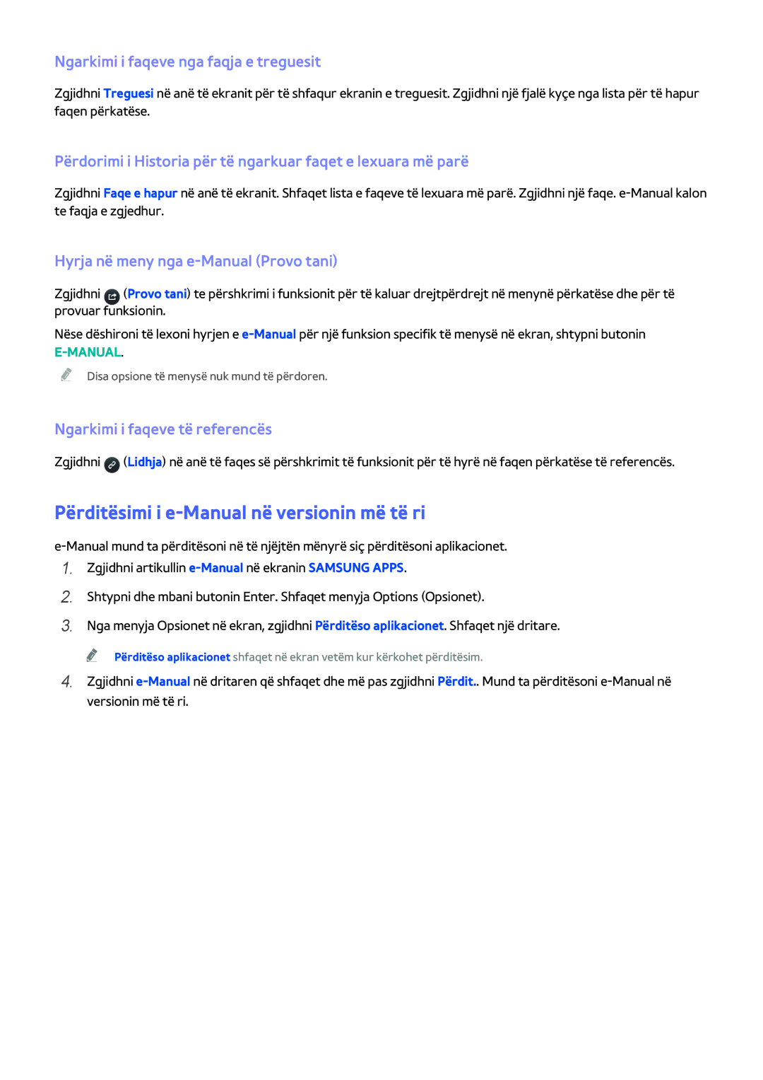 Samsung UE48H5203AWXXH manual Përditësimi i e-Manual në versionin më të ri, Ngarkimi i faqeve nga faqja e treguesit 